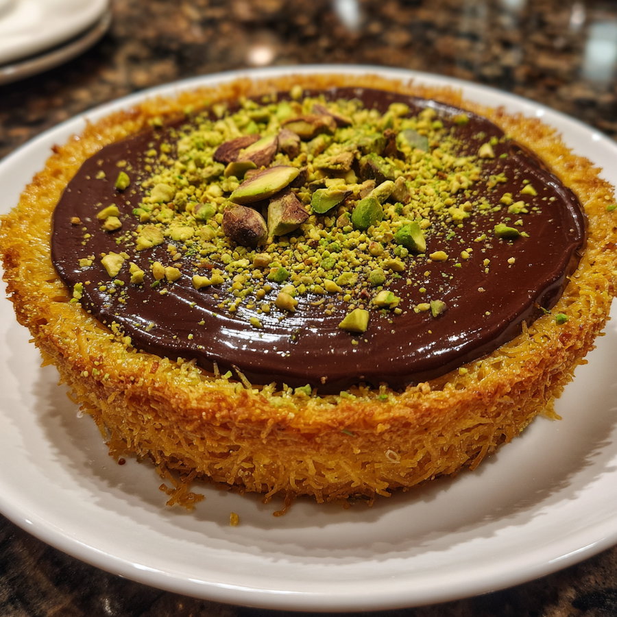 A white plate holding a dessert with a golden crust, topped with smooth chocolate and sprinkled with crushed pistachios
