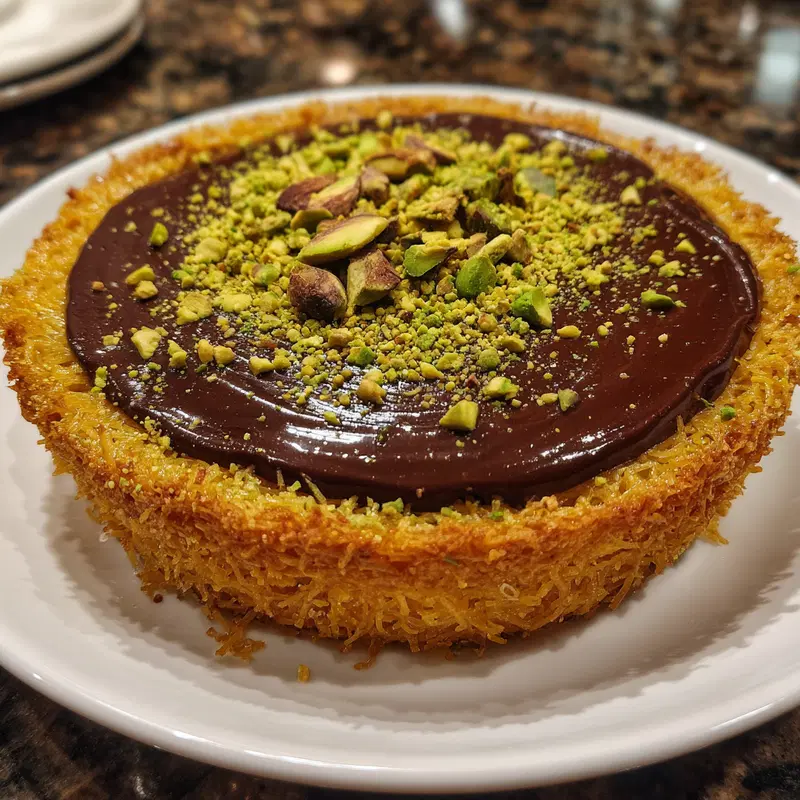 Close-up of a chocolate topped dessert garnished with crushed pistachios