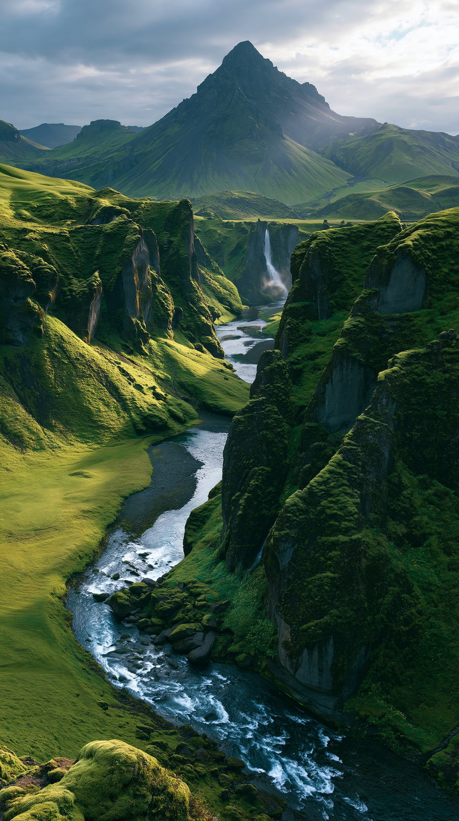 Scenic view of a river flowing through lush green mossy cliffs with a tall mountain in the background under a cloudy sky