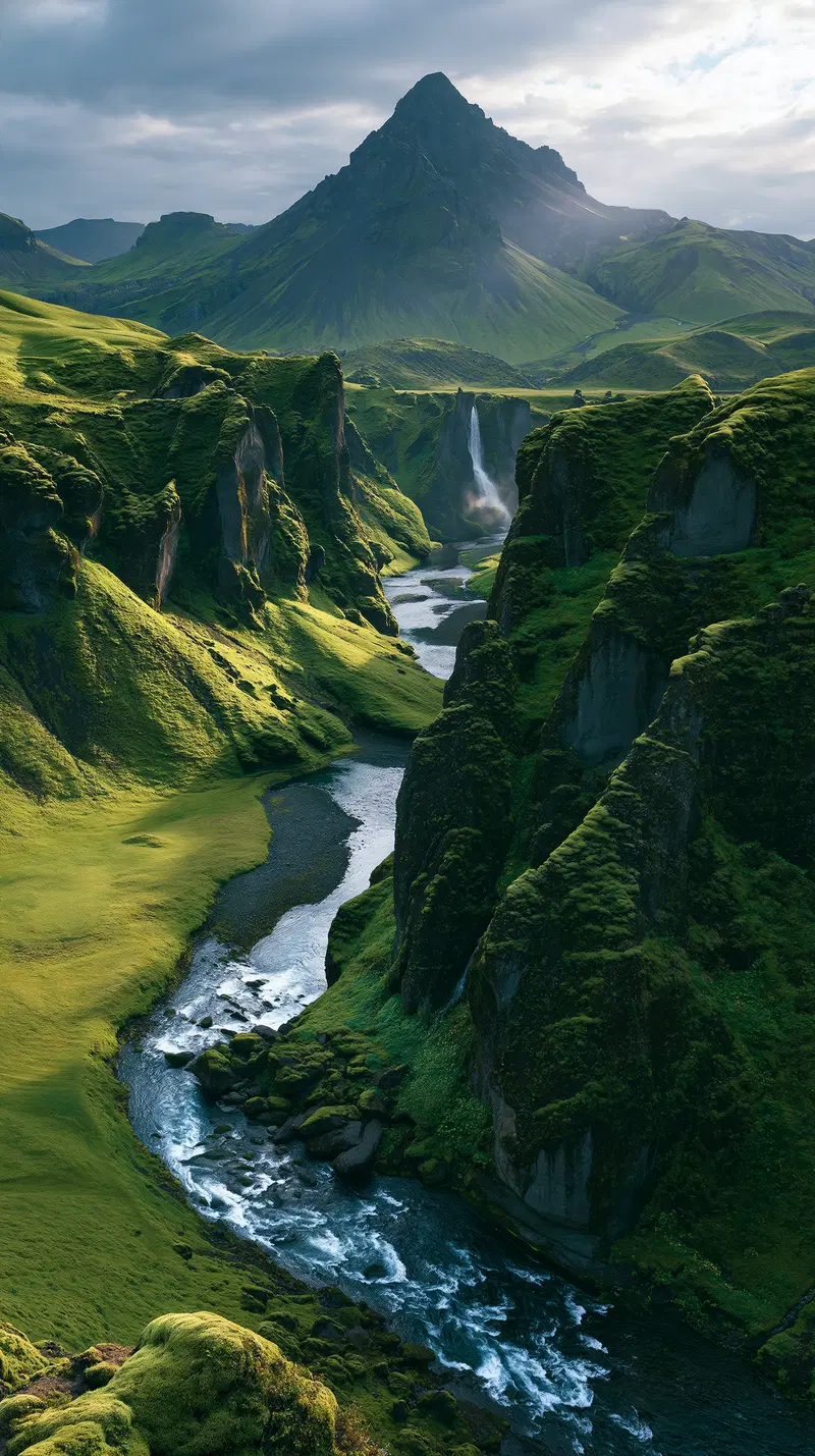 Breathtaking landscape with a winding river, moss-covered cliffs, and a towering mountain