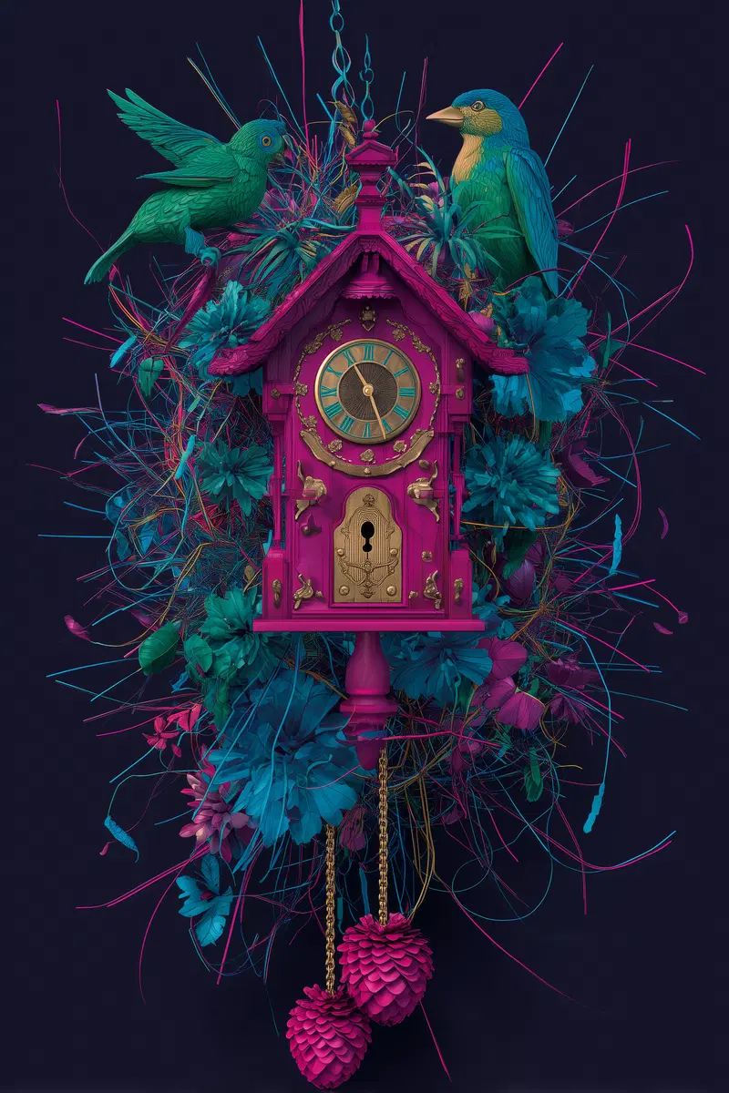 Vibrant cuckoo clock with colorful birds and floral decorative elements