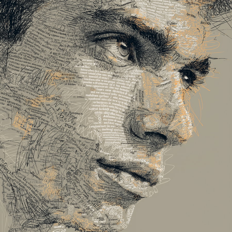 A detailed portrait of a face created with various overlapping text snippets and abstract scribble-like lines against a muted beige background