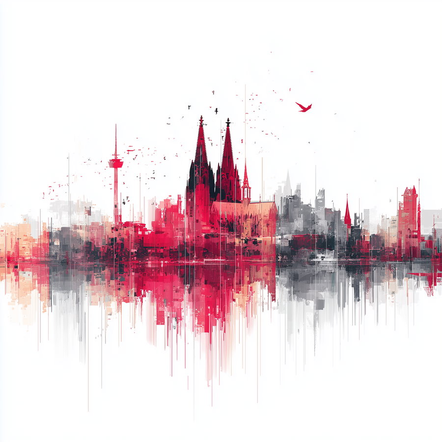 Digital abstract cityscape with a large Gothic cathedral, various skyscrapers, and birds flying, rendered in red, black, grey, and white tones with vertical streak effects