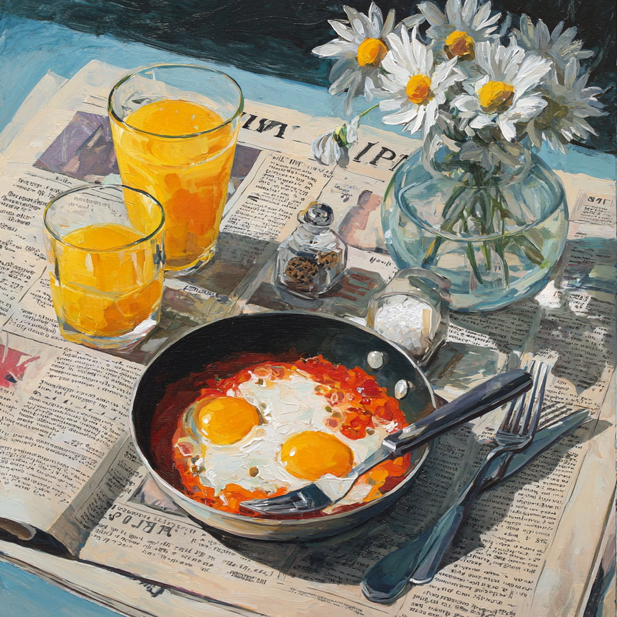 A detailed painting showing two fried eggs in a pan on top of newspaper, two glasses of orange juice, salt and pepper shakers, a fork and knife, and a vase with white daisies