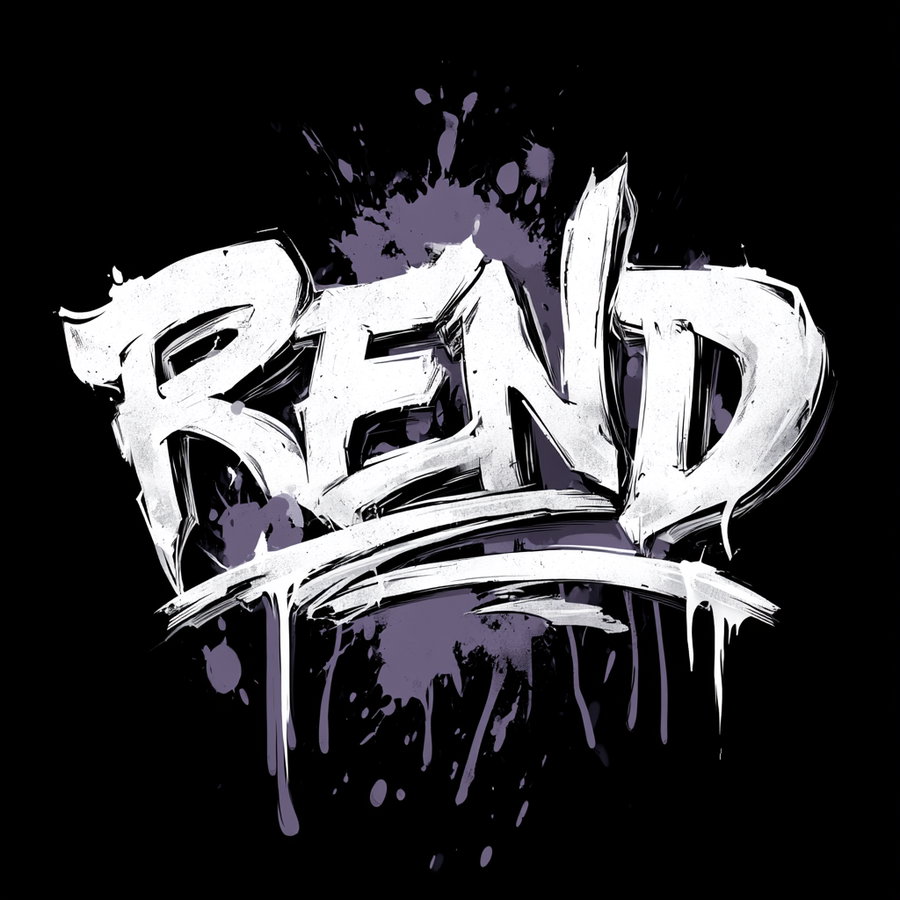 Stylized graffiti text spelling REND with dripping paint effect and purple paint splatters on a black background