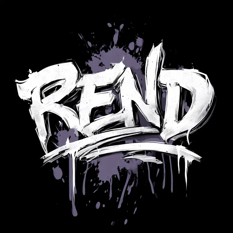 Bold graffiti style street art graphic with the word REND in white and purple splatters on black background