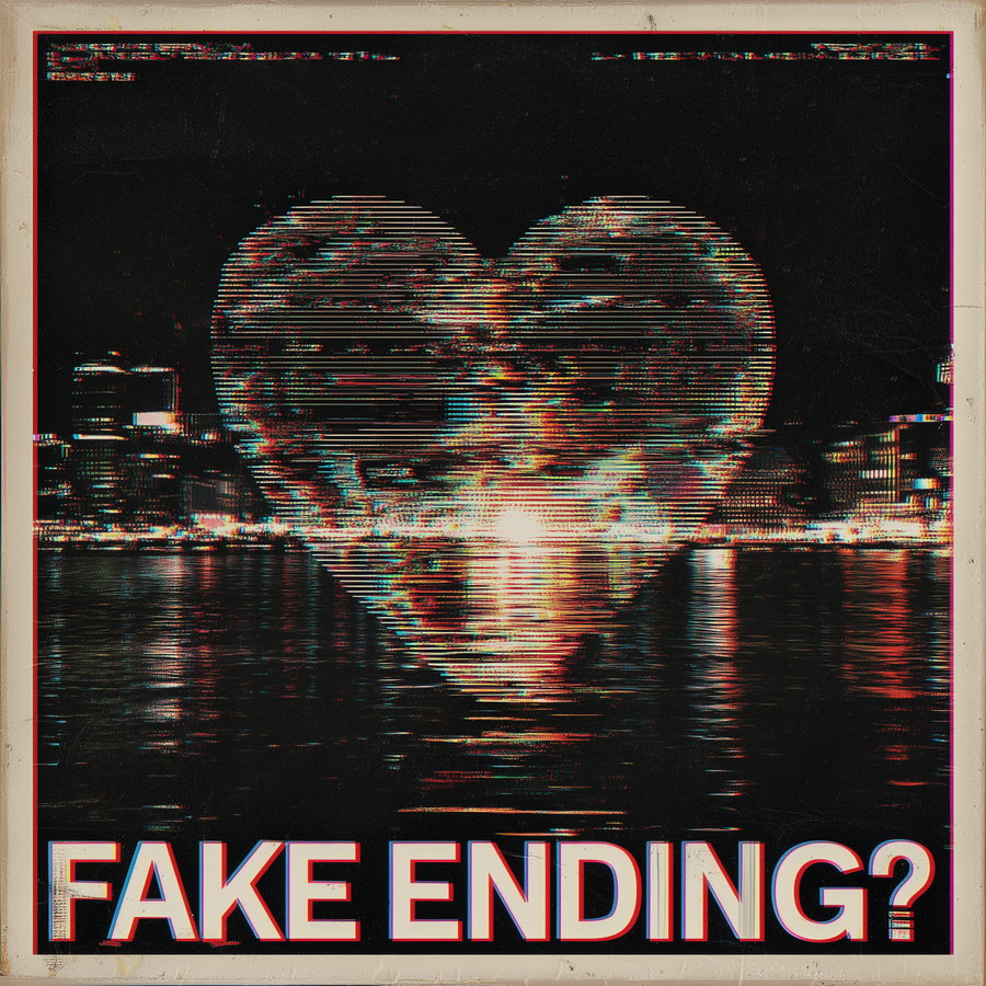 A heart shape with glitchy horizontal lines and colorful distortion effect over a dark cityscape at night with water reflections and text 'FAKE ENDING?' at the bottom