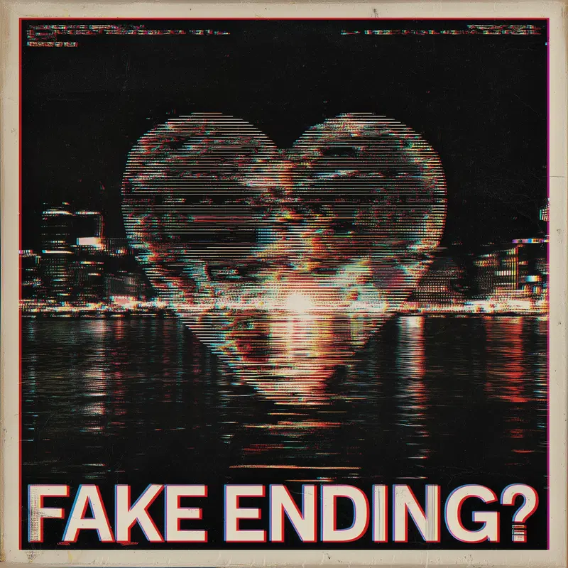 Glitch style heart with text Fake Ending in a night cityscape
