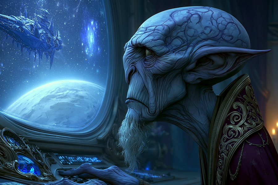 A highly detailed fantasy image of an old alien with blue skin, elaborate robes, and a long beard looking out a spaceship window into space showing a distant planet and a spaceship.
