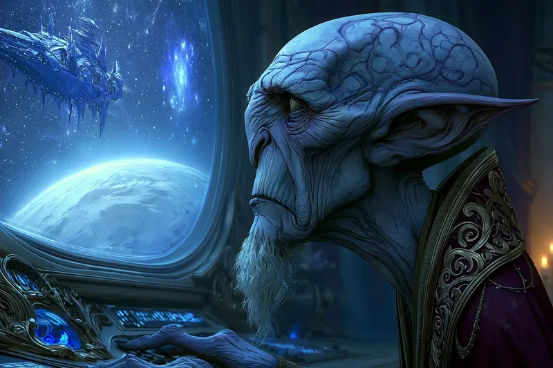 Intricate detailed fantasy alien character contemplating space view