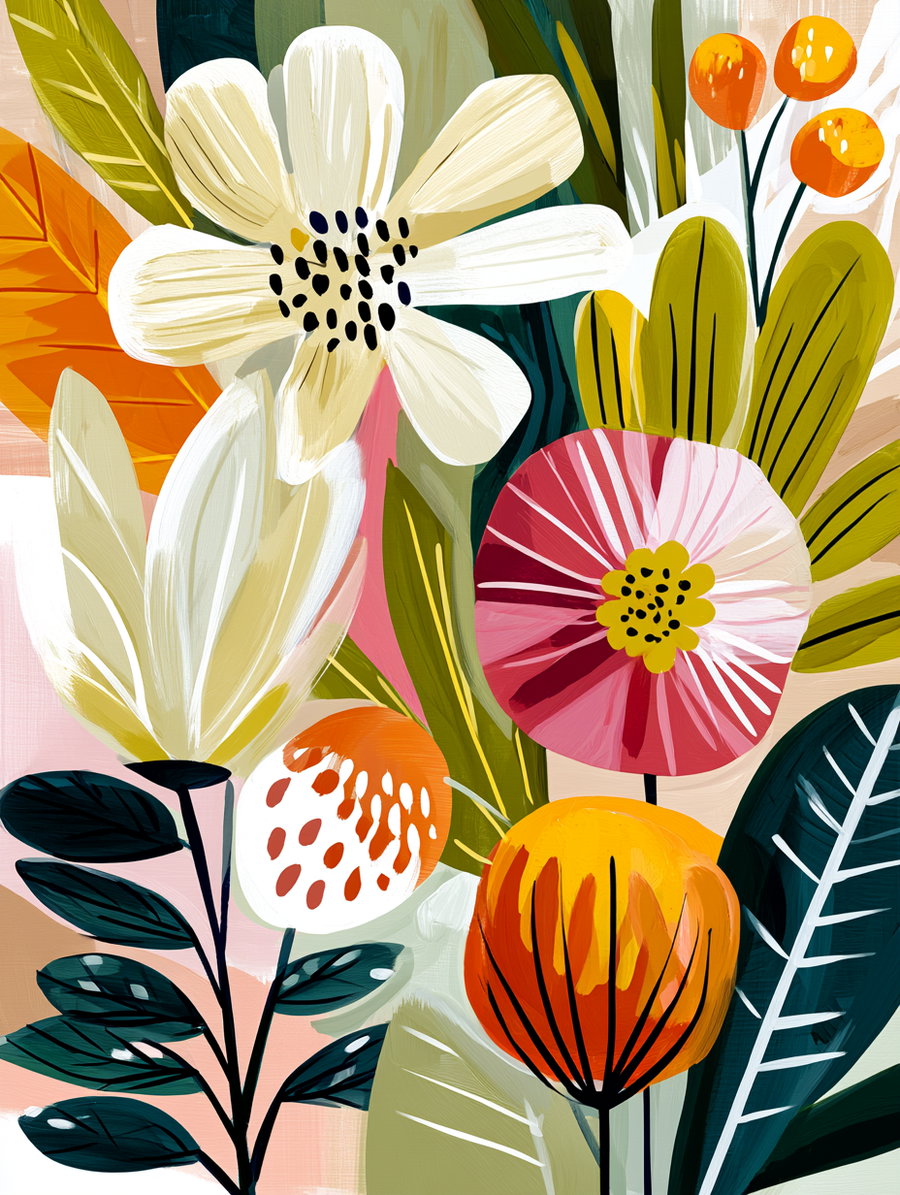 Illustration of stylized flowers and leaves with colors including white, orange, yellow, pink, green, and dark blue on a light background