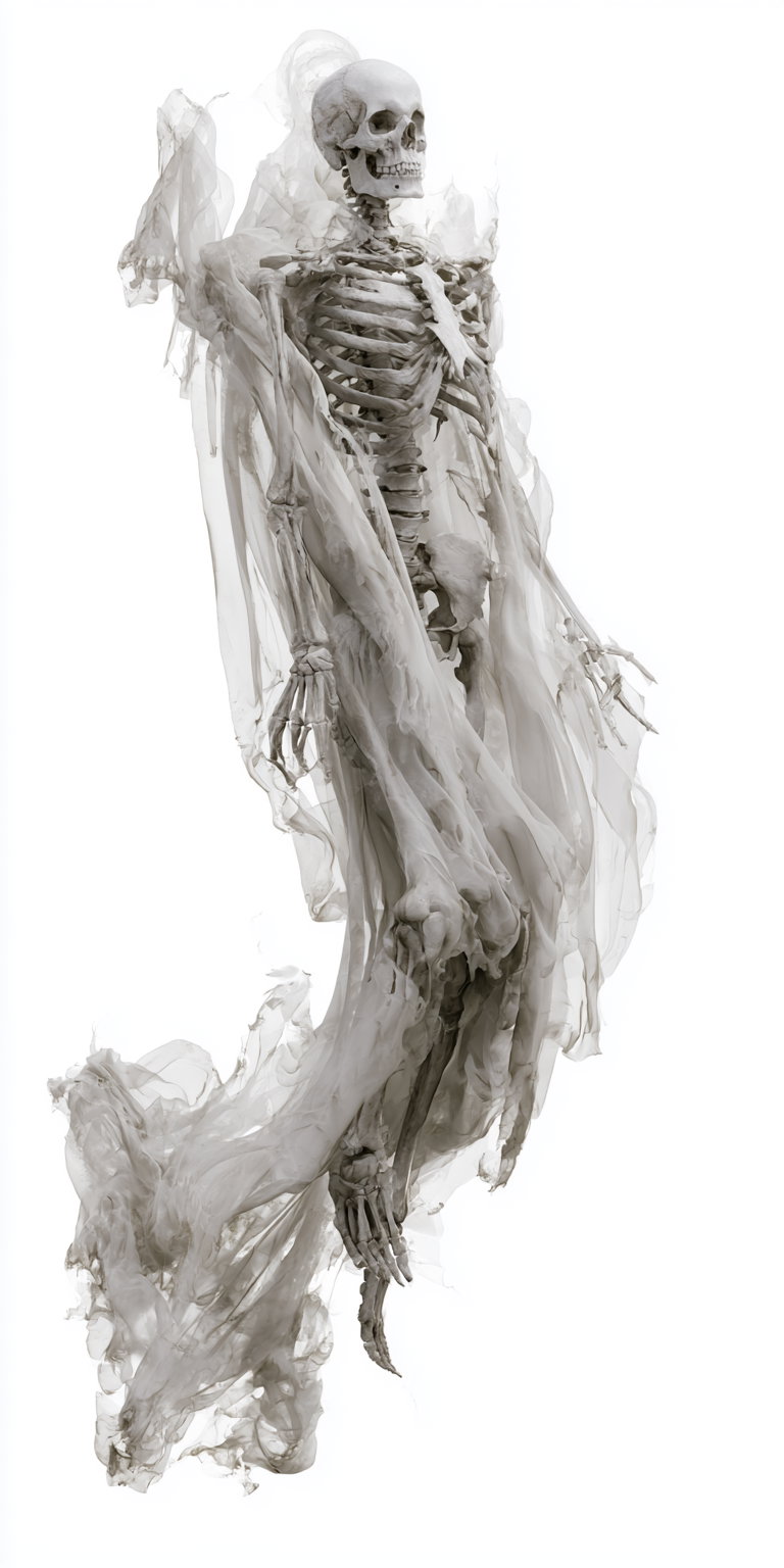 A floating human skeleton enveloped in translucent, flowing smoke-like wisps against a white backdrop