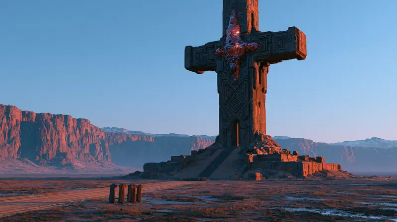 Massive ancient stone cross monument in a vast desert landscape
