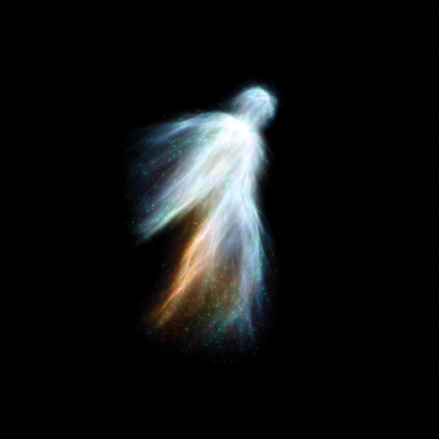 A glowing, translucent, ethereal figure made of sparkling light particles against a solid black backdrop, resembling a mystical or ghostly apparition.