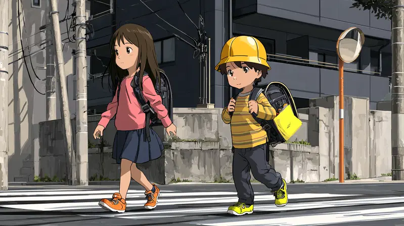 Minimalist anime style art of two children walking on a city crosswalk