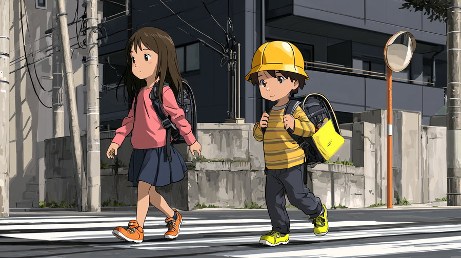 Anime style illustration of a young girl and boy crossing a street on a zebra crossing in an urban setting with buildings and utility poles in the background