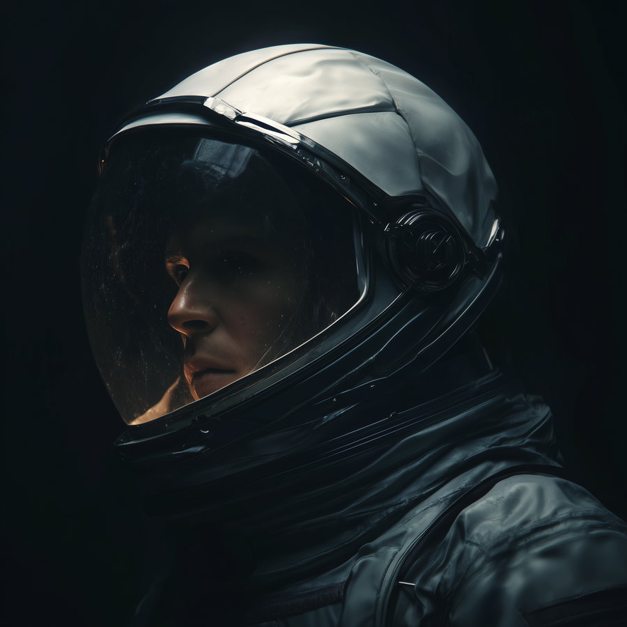 Side profile of a person wearing a detailed white astronaut helmet and suit with a reflective visor in a dark setting