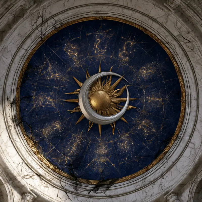 Ornate celestial ceiling design with sun and crescent moon motifs