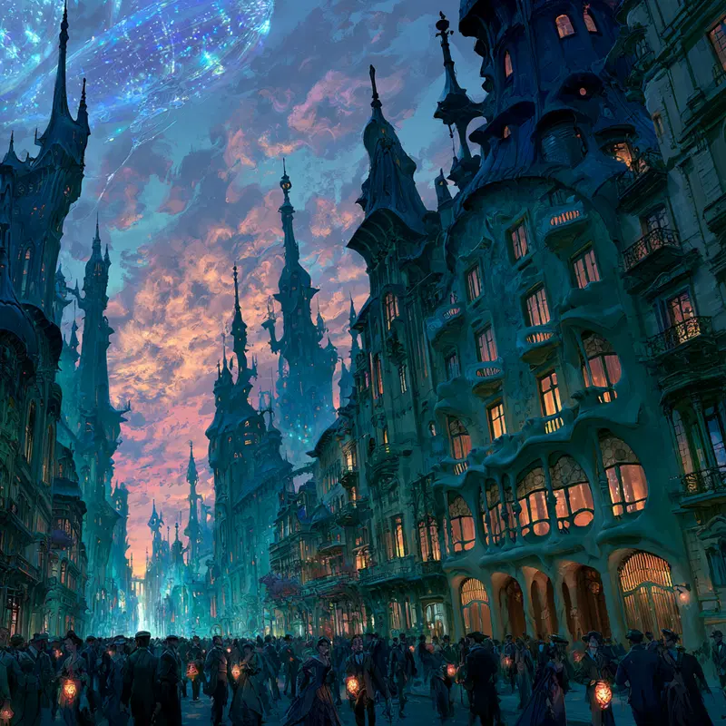 Fantasy cityscape with towering gothic spires and illuminated windows at dusk