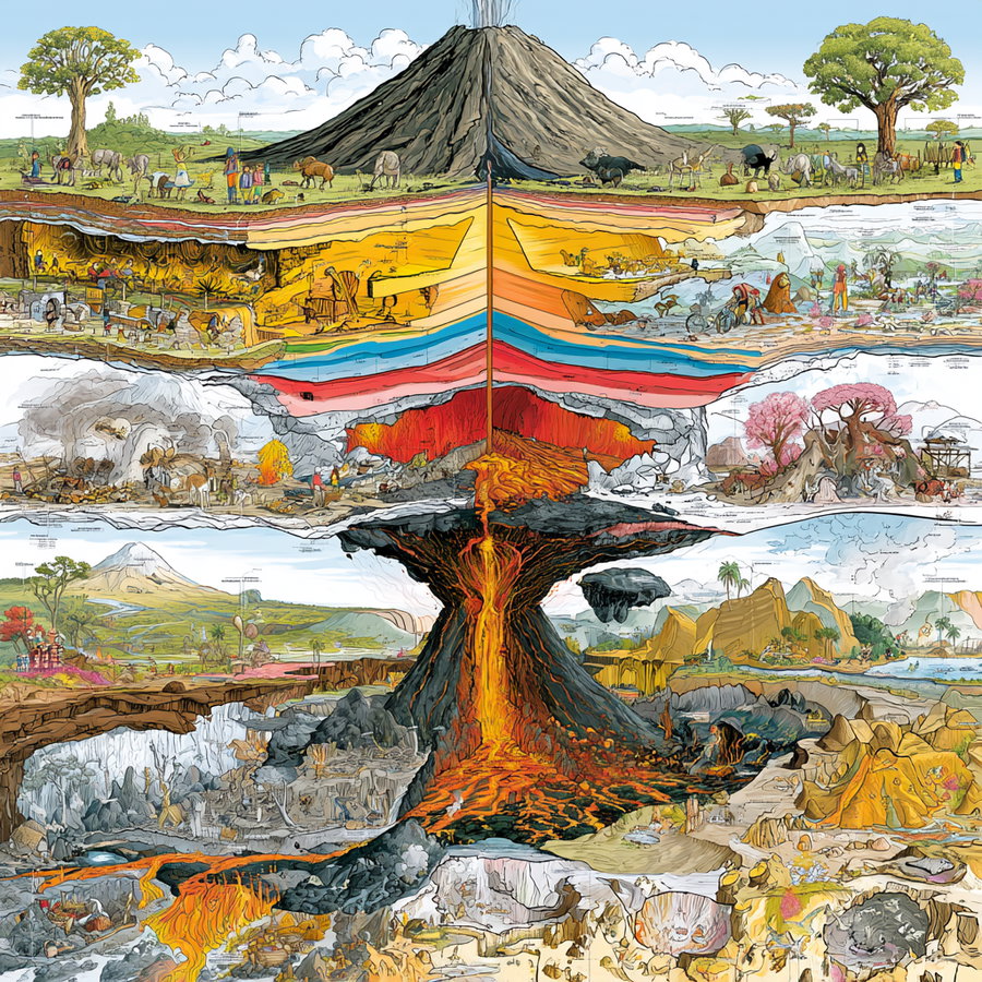 artistical cross-section of a volcano showing layers under the surface with various animals, plants, people living around, and volcanic lava flow