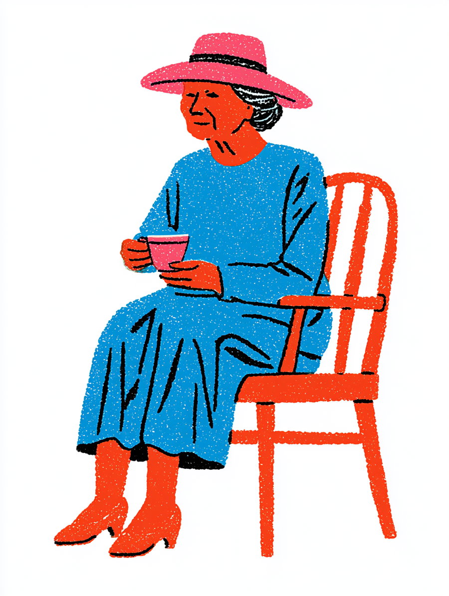Illustration of an elderly woman wearing a pink hat and blue dress sitting on an orange chair holding a pink cup