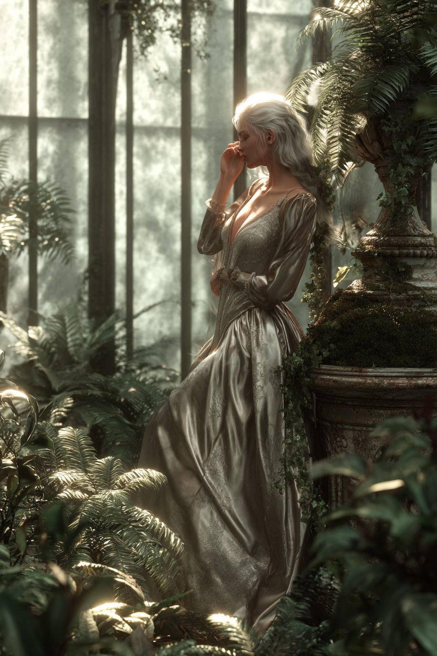 A woman with silver hair in a flowing vintage dress stands pensively in a sunlit room filled with lush green plants and large decorative urns.