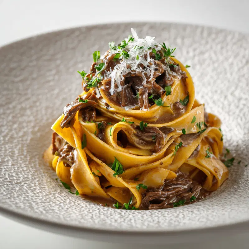 Close-up of gourmet pasta dish with mushrooms and grated cheese on textured plate