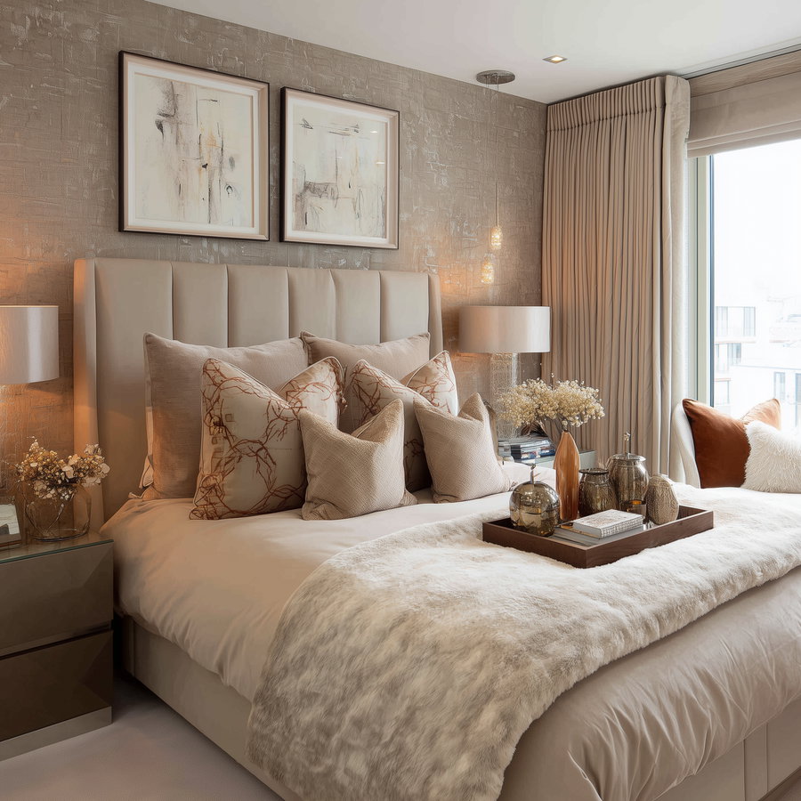 Modern bedroom with a beige upholstered bed, layered neutral pillows, a furry throw, two abstract framed artworks on textured wall, bedside tables with lamps, and a window with beige curtains.