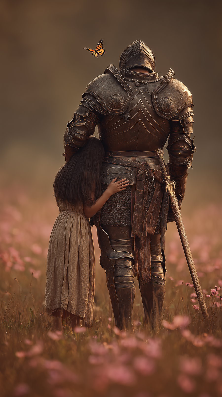 A knight clad in detailed armor stands with a young girl in a beige dress leaning on his side in a field of pink flowers, with a butterfly flying near the knight's shoulder
