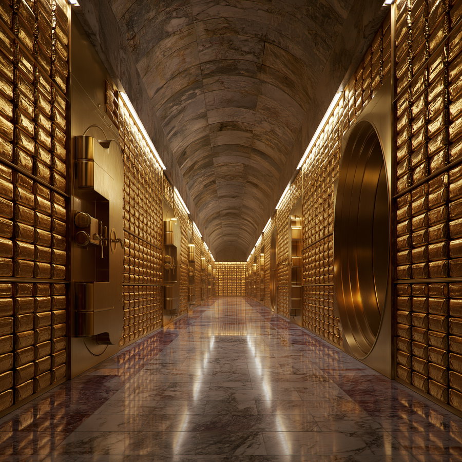 A long marble-floored hallway with arched stone vaulted ceiling and golden vault doors on both sides, walls covered with gold bars