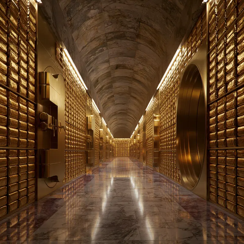 Luxurious old world style vaulted hallway with gold vault doors