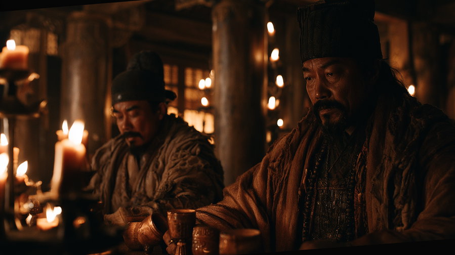 Two men dressed in traditional historical Asian clothing sitting at a wooden table lit by multiple candles in a dimly lit room with wooden pillars and window panels