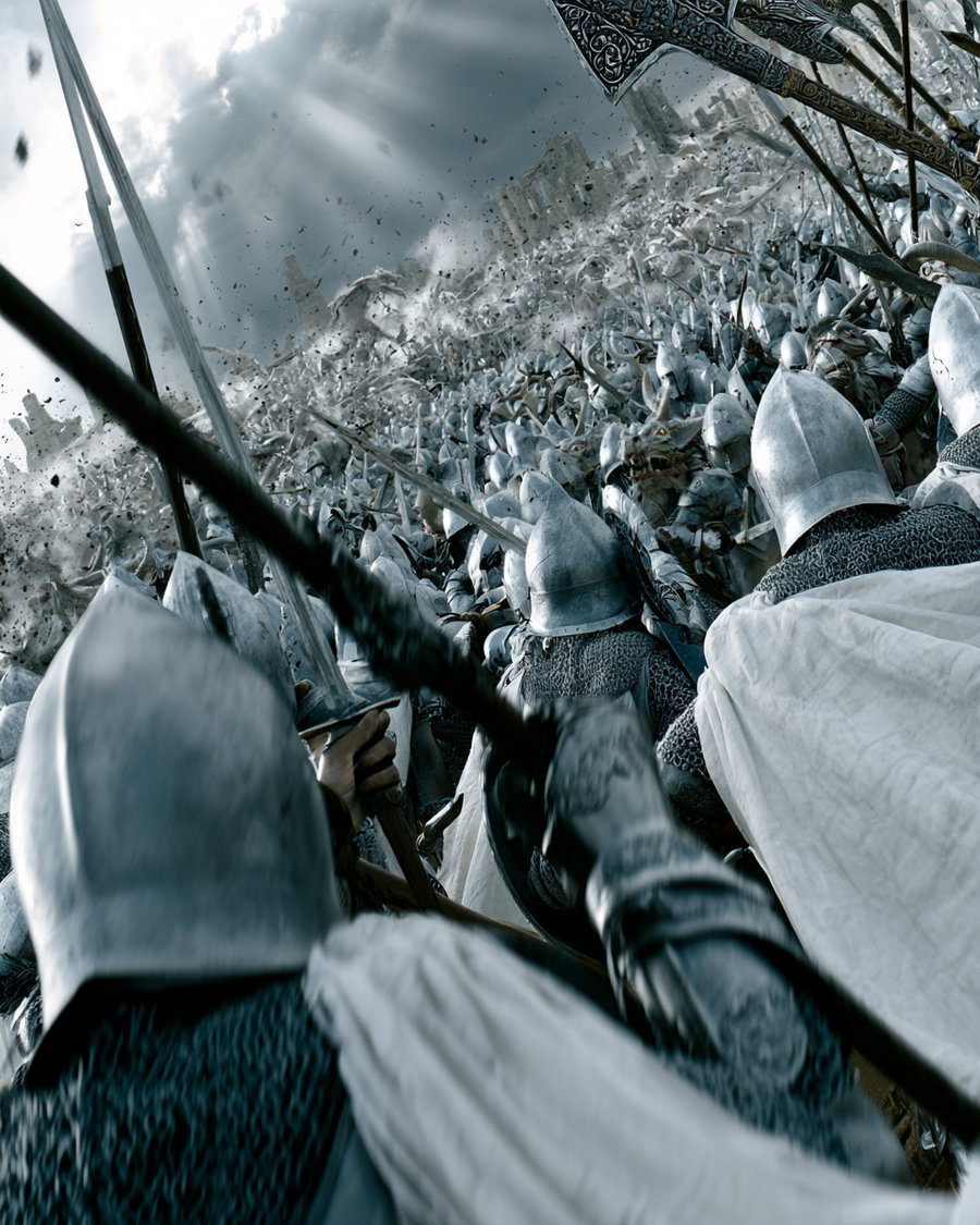 Close-up view of soldiers wearing medieval helmets and armor engaged in a large battle, raising swords and shields under a cloudy sky with ruins visible in the background