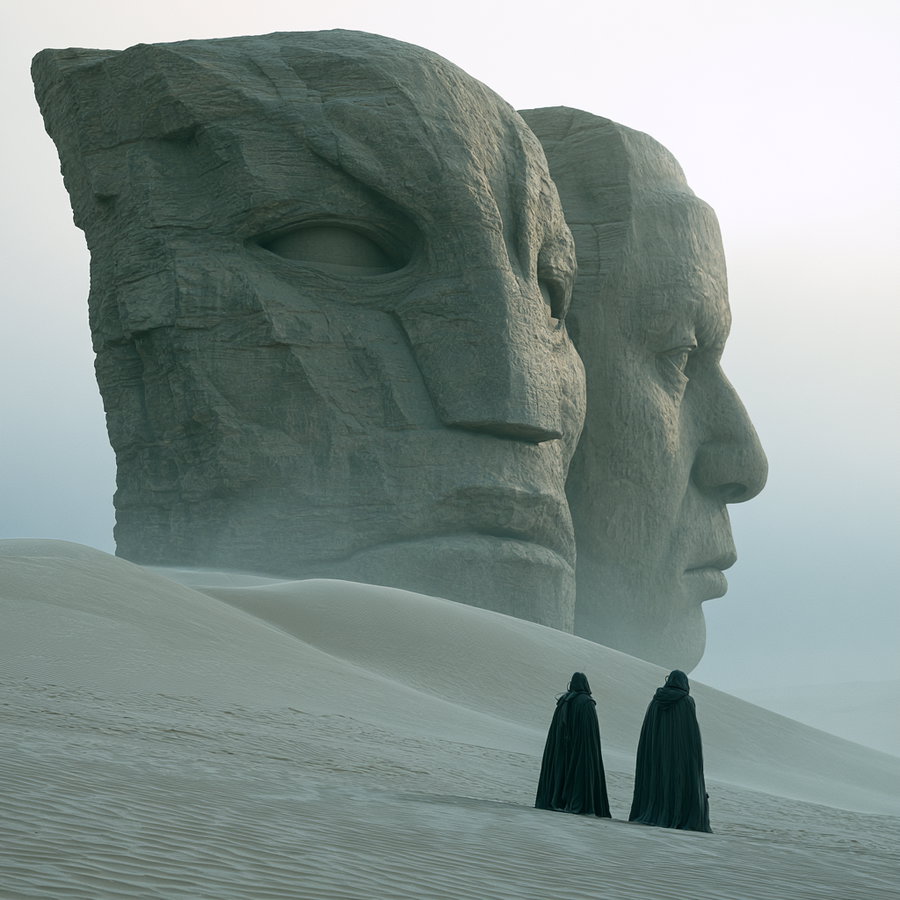 A surreal desert landscape featuring two giant stone faces carved from rock, one with abstract features and the other more human-like, with two cloaked figures standing on sand dunes in front of the faces under a misty sky.