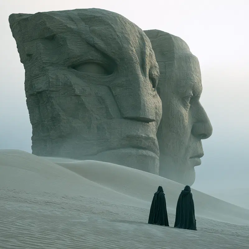 Surreal Desert Scene with Massive Dual Stone Faces and Cloaked Figures