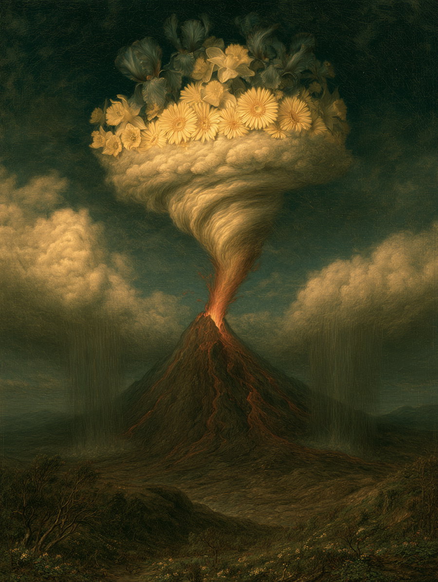 A digital surreal artwork showing a volcano erupting with smoke shaped like a twisting plume of flowers and clouds, dark landscape with detailed mountain and hills, moody atmospheric sky.