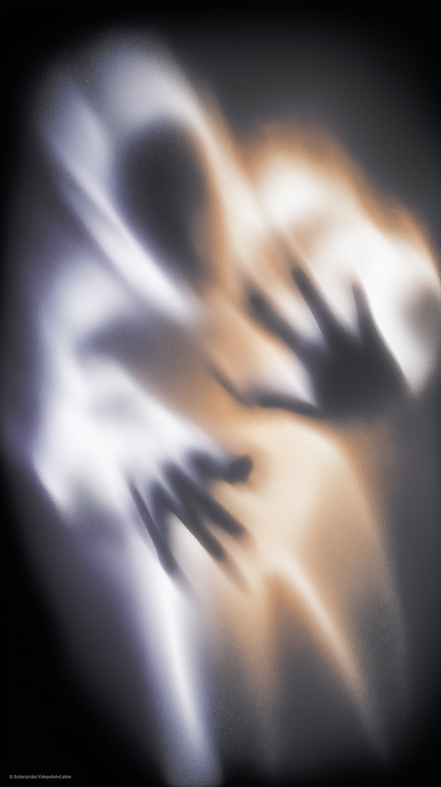 Blurry image with silhouetted hands pushing against a glass or screen with surrounding light streaks in shades of white, blue, and orange
