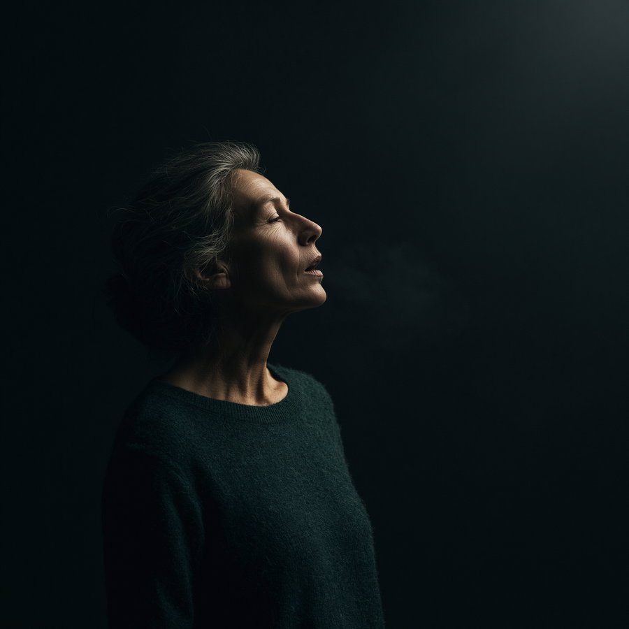 Side profile of an elderly woman with gray hair tied back, wearing a dark sweater, eyes closed, exhaling breath visible in cold air against a dark background