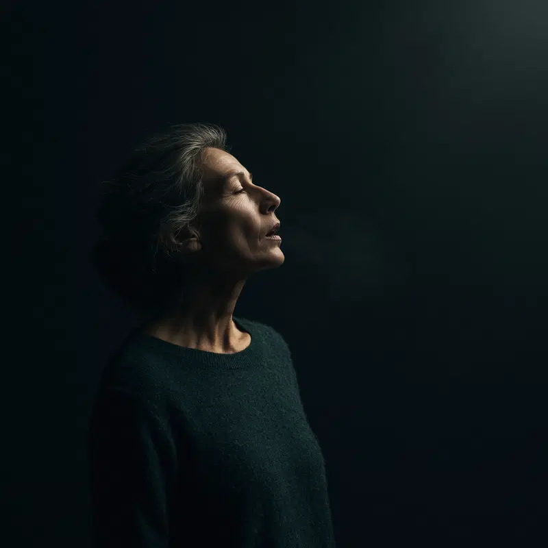 Moody portrait of an elderly woman exhaling visible breath in cold light