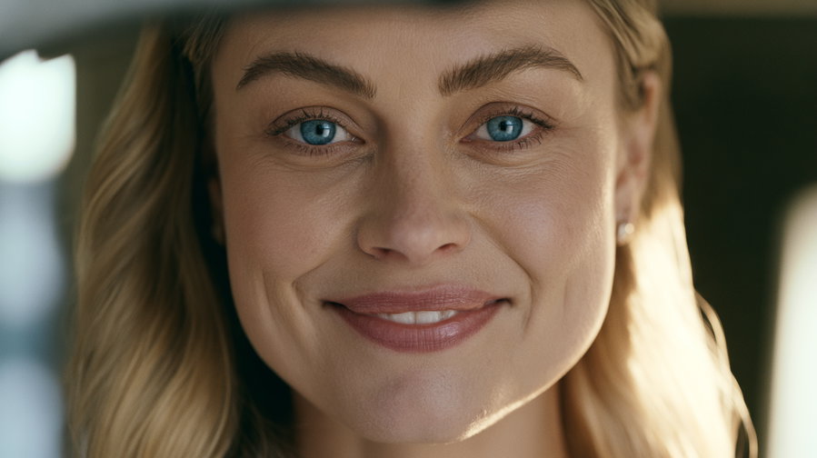 Close-up image of a woman with blonde hair and blue eyes smiling gently