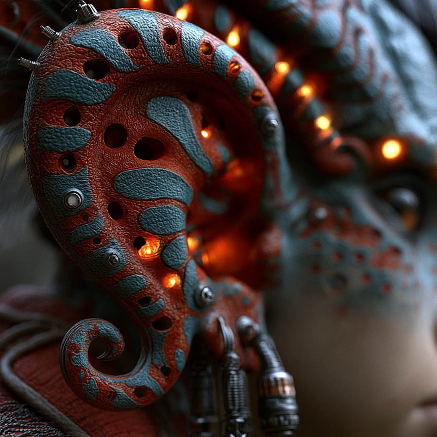 Close-up of an abstract sculpture or artwork with a red and blue textured surface, featuring glowing orange lights and intricate mechanical details