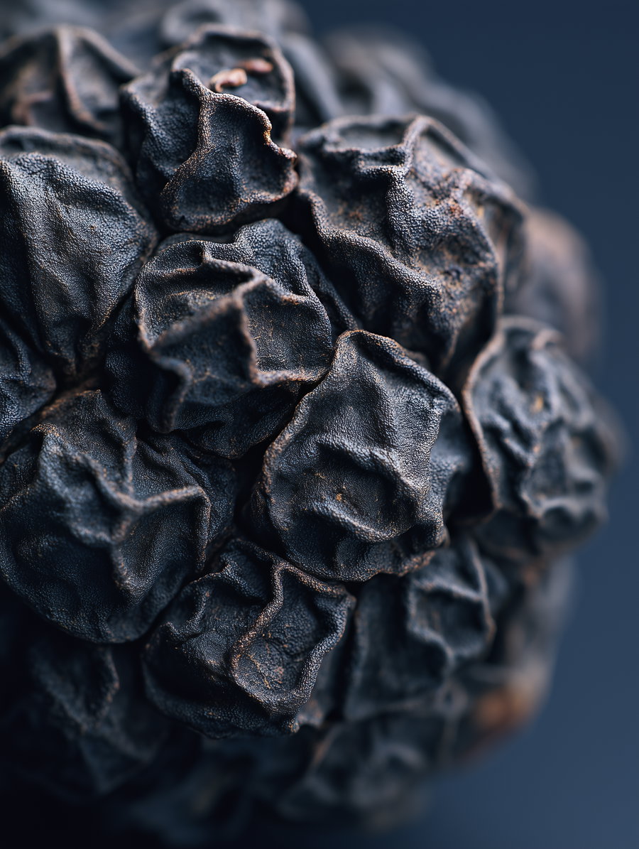 Extreme close-up of a black dried plant pod showing detailed wrinkled and textured surface against a blurred dark background