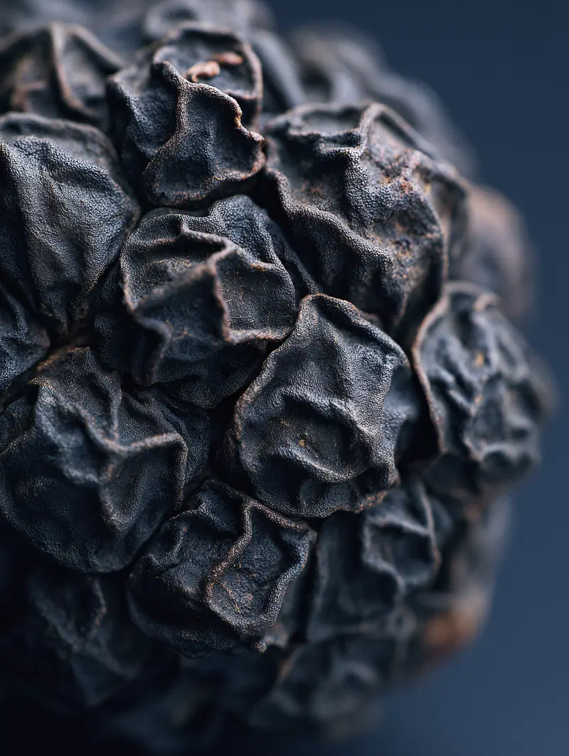 Close-up still life macro photography of black dried plant pod details