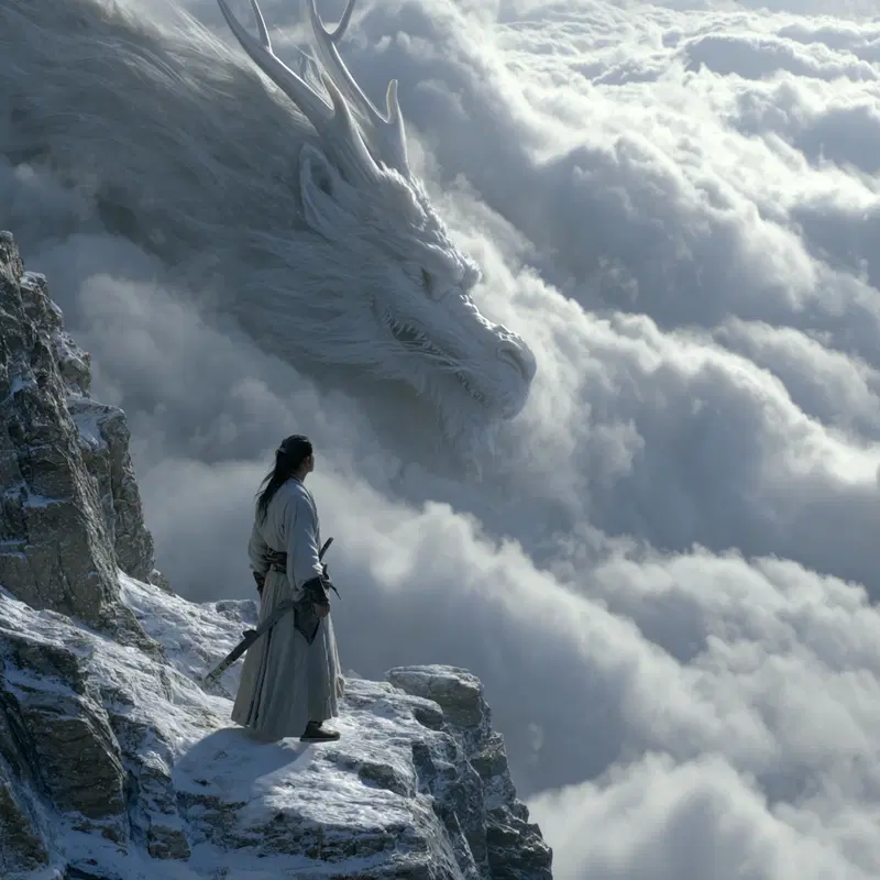 Majestic fantasy scene of a warrior facing a giant dragon emerging from clouds