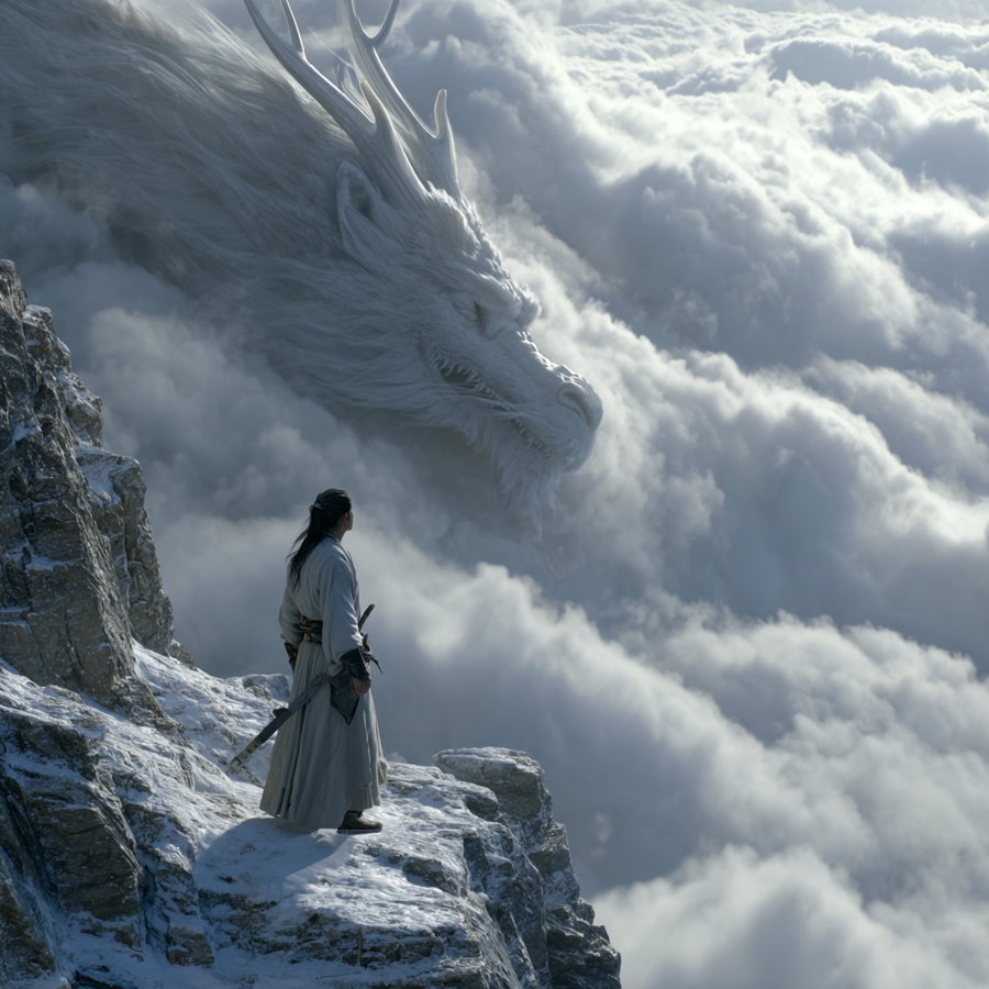 A person in traditional clothing with a sword standing on a snowy cliff looking at a giant white dragon head emerging from thick clouds