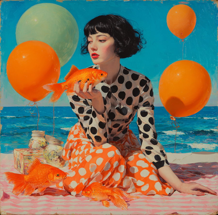 A painted portrait of a woman with black hair wearing a polka dot outfit holding a goldfish, surrounded by three goldfish on a pink striped surface, with orange and green balloons and a blue ocean background.