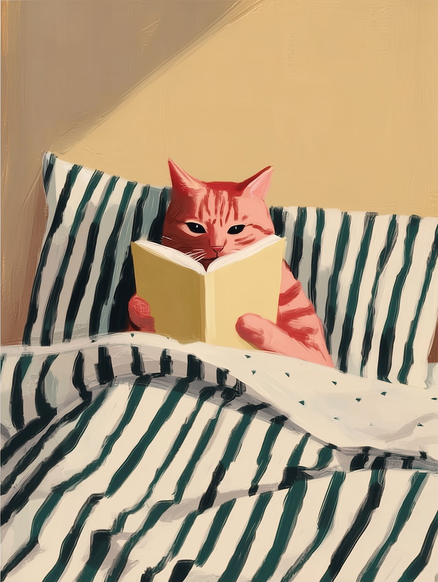 A digital painting of an orange tabby cat sitting upright in bed, holding and looking at an open book, with black and white striped sheets and pillow.