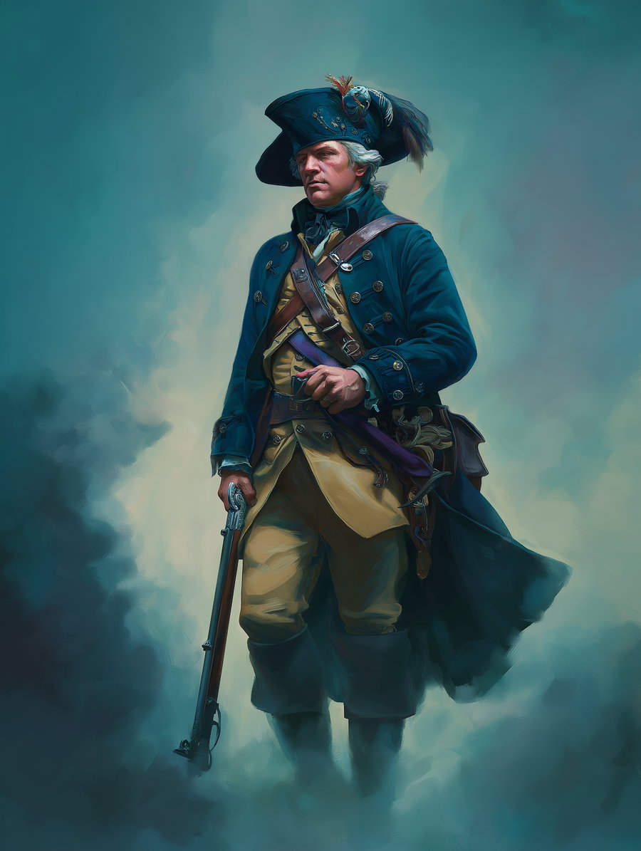 Painting of a historical soldier wearing a blue coat, yellow uniform, and a feathered tricorn hat, holding a musket with a smoky background