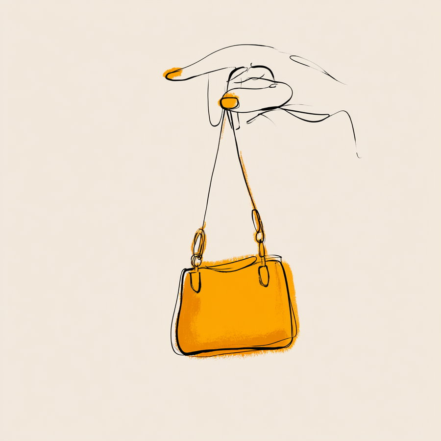 A minimalist line drawing of a hand holding a small handbag with orange accents on the bag and fingernails on a beige background