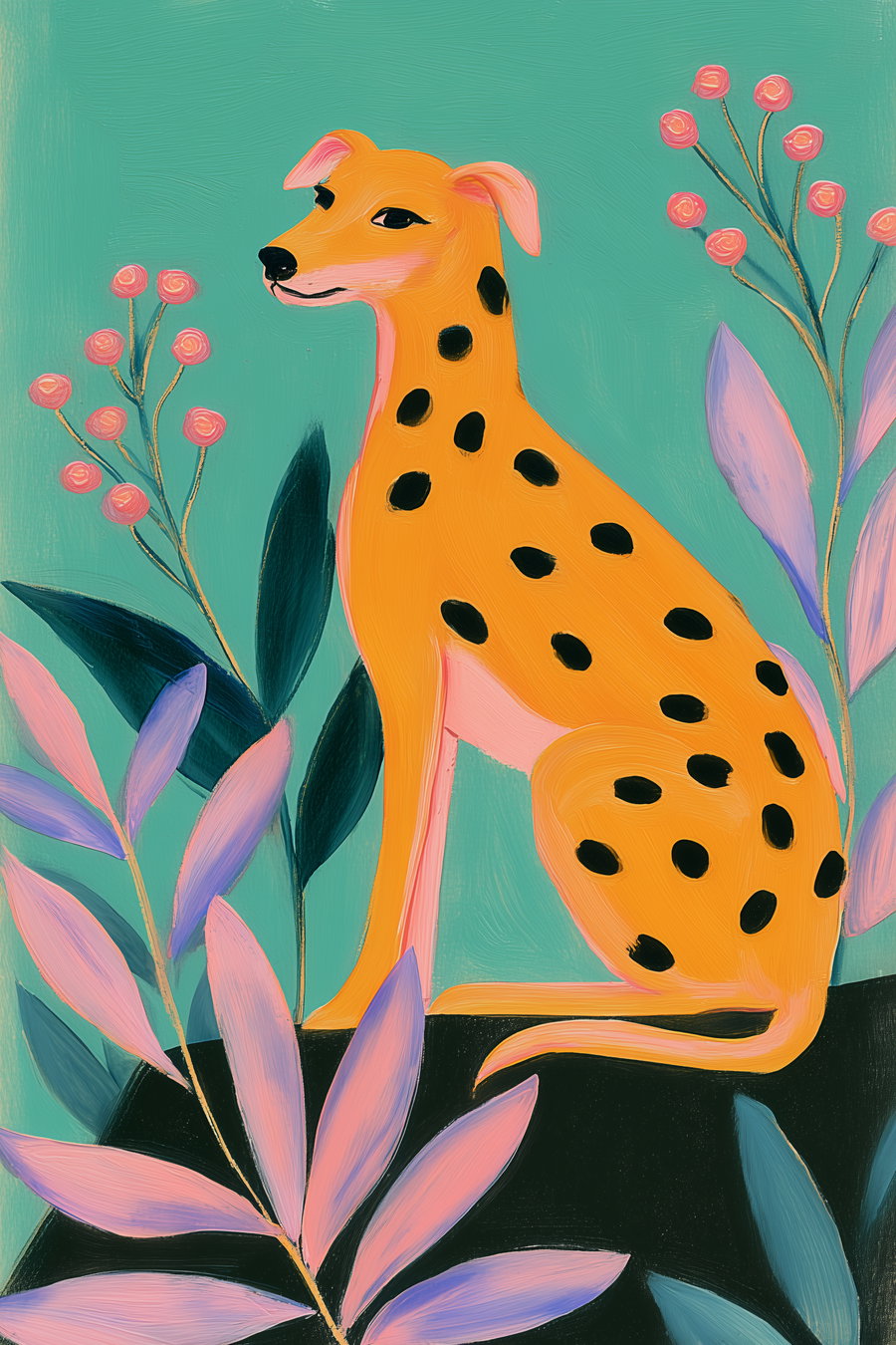 An orange spotted dog sitting on a darkness with pink and purple leaves and pink round flowers on a teal background